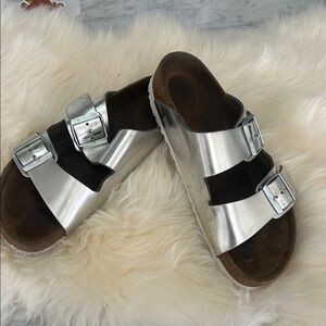 Birkenstock Arizona Soft Footbed Silver Leather Sandals 39